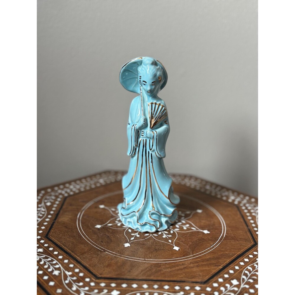 Vintage Mid-Century Blue/Turquoise Ceramic Asian Woman Figurine With Fan & Paras
